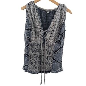 Mastro Moda Womens Floral Burnout Lace Up Top sz M Blue Made in Italy Bohemian